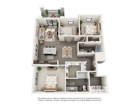 Floor plan for 2 beds, 2 baths, 1369 sqft